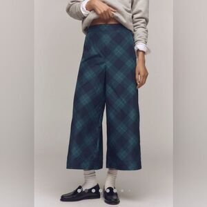 Anthropologie Maeve Satin Printed Cropped Wide Leg Pants Green Navy Plaid S NWT